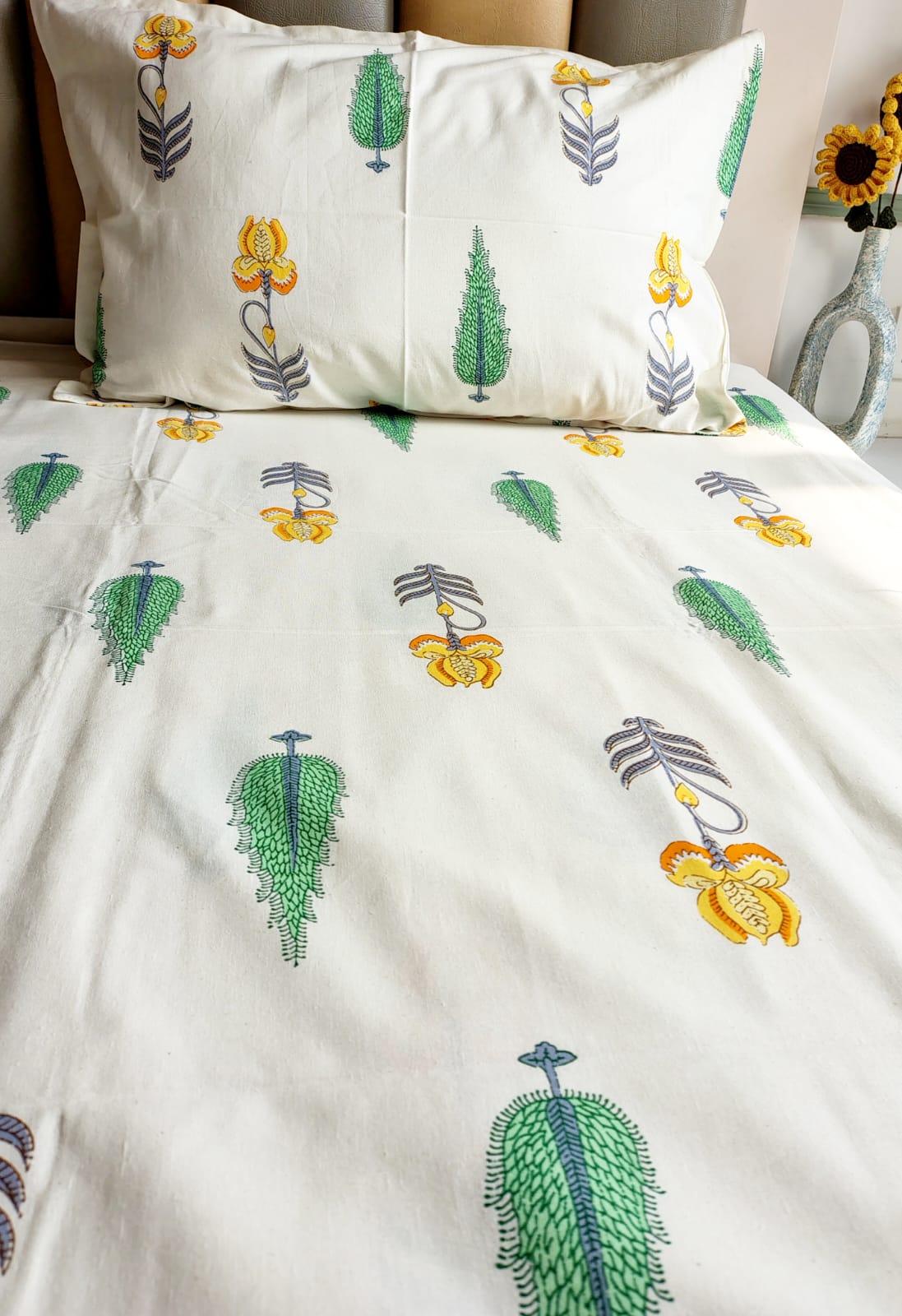 Yellow Pine Traditional Printed Bedsheet with Two Reversible Pillow Covers