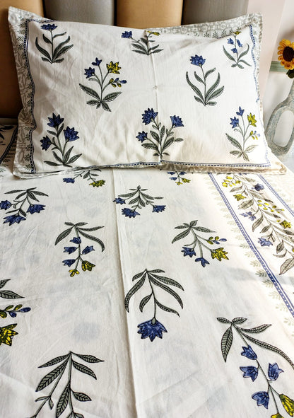 Blue Floral Traditional Printed Bedsheet with Two Reversible Pillow Covers