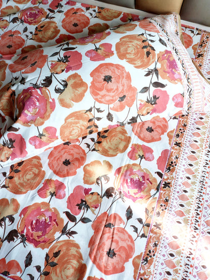 Orange Roses Traditional Printed Bedsheet with Two Reversible Pillow Covers