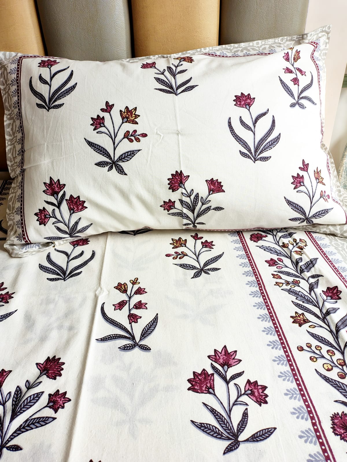 Red Floral Traditional Printed Bedsheet with Two Reversible Pillow Covers