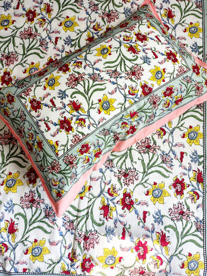 Yellow Marie Traditional Printed Bedsheet with Two Reversible Pillow Covers