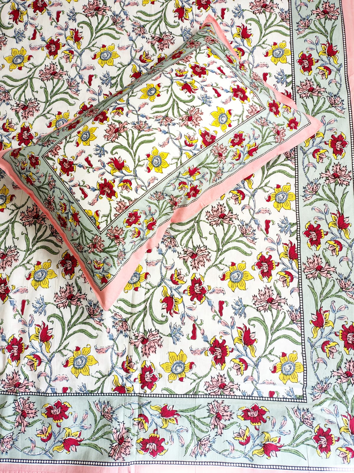 Yellow Marie Traditional Printed Bedsheet with Two Reversible Pillow Covers