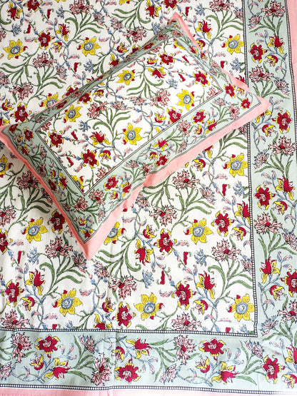 Yellow Marie Traditional Printed Bedsheet with Two Reversible Pillow Covers
