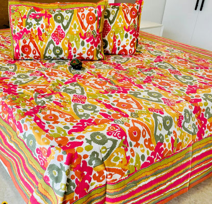 Multi Ikkat Traditional Printed Bedsheet with Two Reversible Pillow Covers