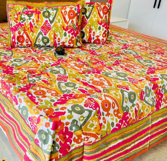 Multi Ikkat Traditional Printed Bedsheet with Two Reversible Pillow Covers
