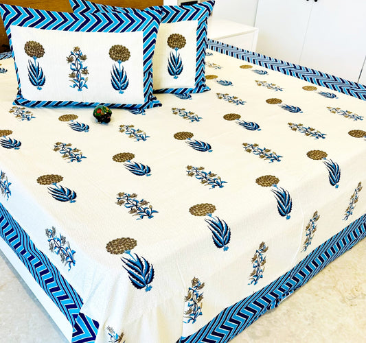 Blue Rainbow Traditional Printed Bedsheet with Two Reversible Pillow Covers