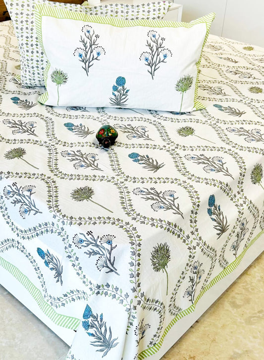 White Bush Traditional Printed Bedsheet with Two Reversible Pillow Covers