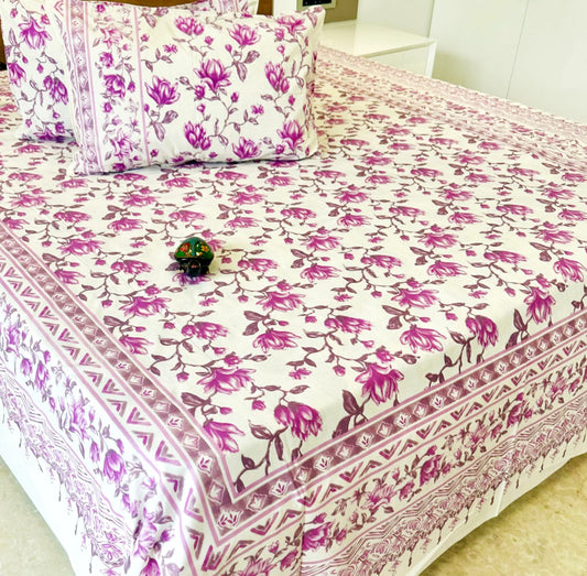 Purple Lotus Traditional Printed Bedsheet with Two Reversible Pillow Covers