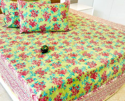 Pista Floral Traditional Printed Bedsheet with Two Reversible Pillow Covers
