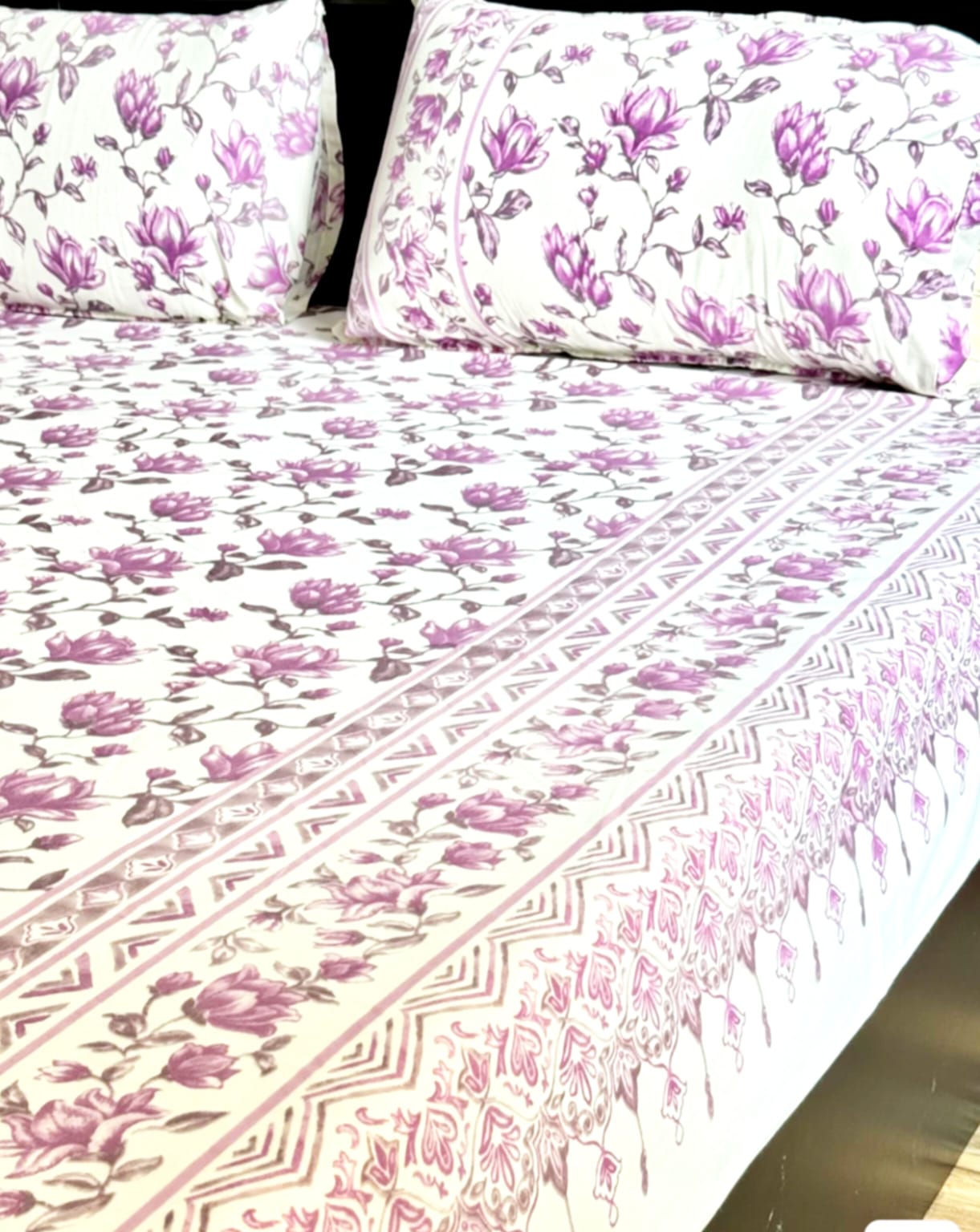 Purple Lotus Traditional Printed Bedsheet with Two Reversible Pillow Covers