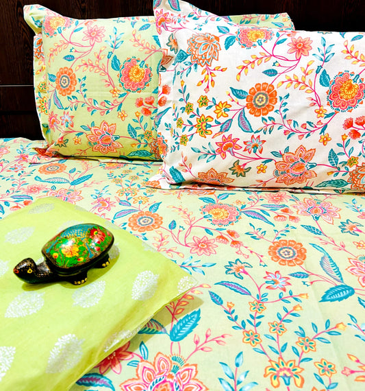 Green Shalimar Traditional Printed Bedsheet with Two Reversible Pillow Covers