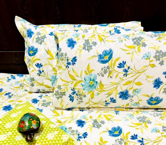 Lemon Floral Traditional Printed Bedsheet with Two Reversible Pillow Covers