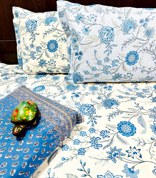Blue Shalimar Traditional Printed Bedsheet with Two Reversible Pillow Covers