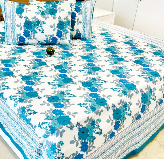 Sea Blue Floral Traditional Printed Bedsheet with Two Reversible Pillow Covers