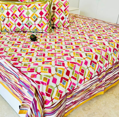 Purple Diamond Traditional Printed Bedsheet with Two Reversible Pillow Covers