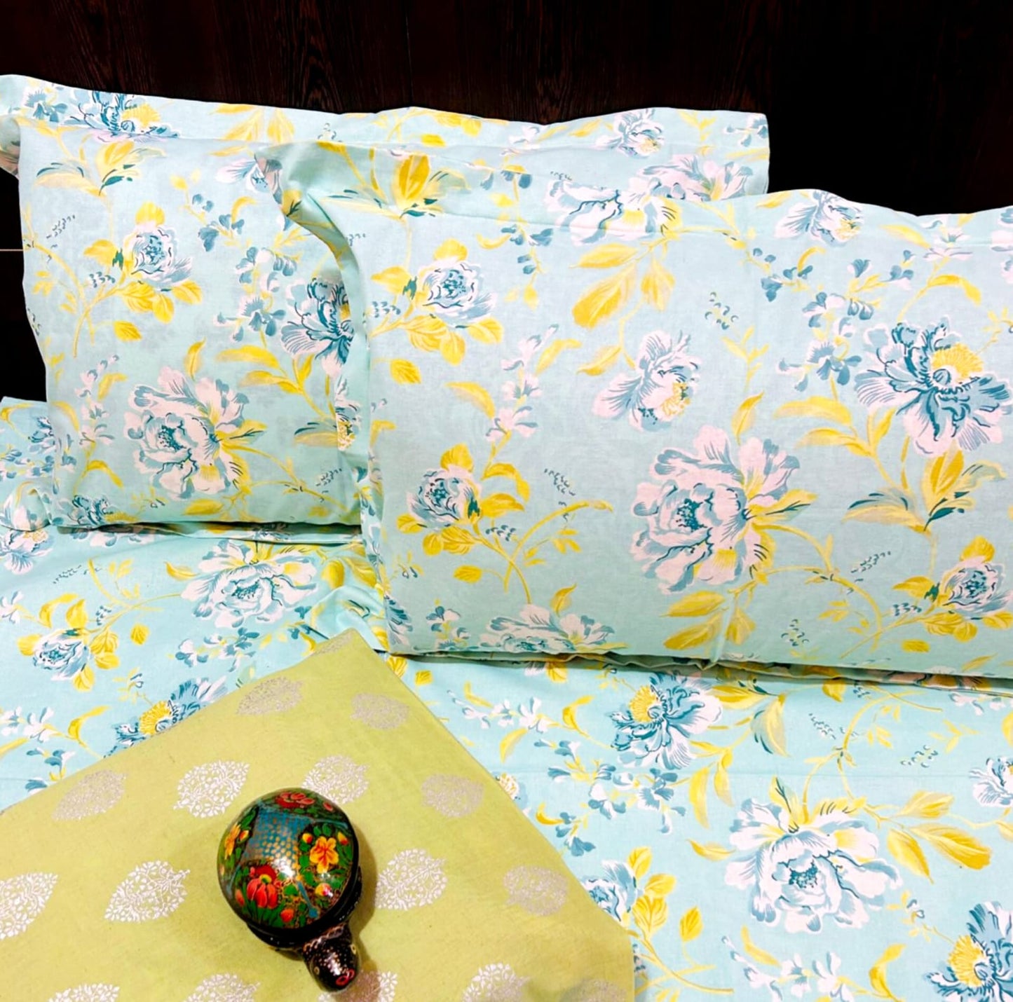 Floral Rangbhar Traditional Printed Bedsheet with Two Reversible Pillow Covers