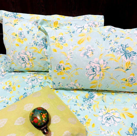 Floral Rangbhar Traditional Printed Bedsheet with Two Reversible Pillow Covers