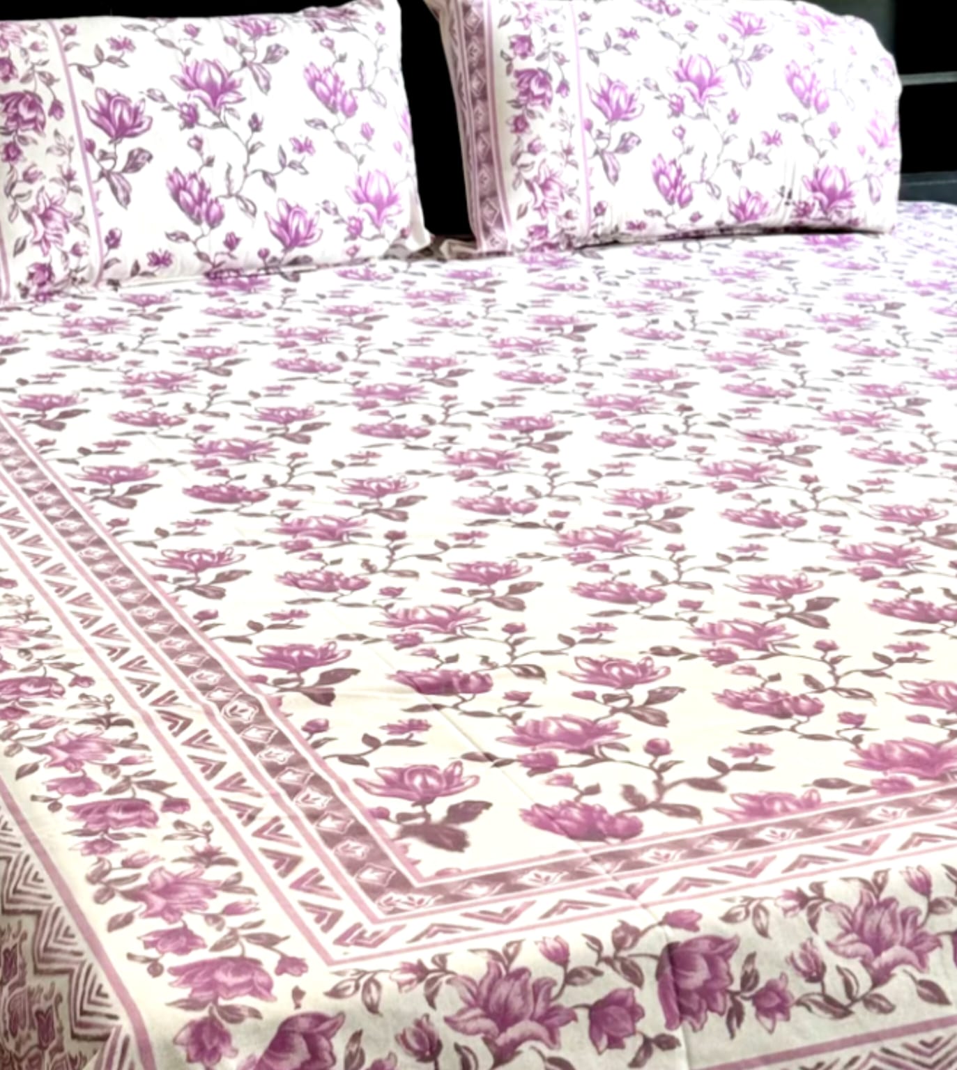 Purple Lotus Traditional Printed Bedsheet with Two Reversible Pillow Covers
