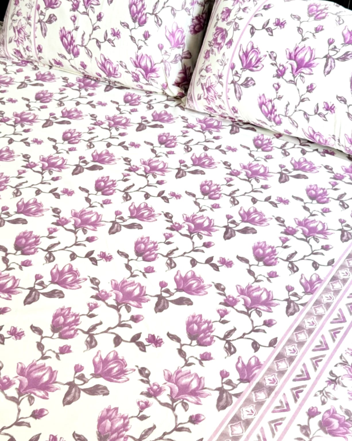 Purple Lotus Traditional Printed Bedsheet with Two Reversible Pillow Covers