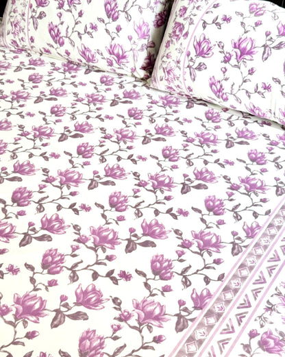 Purple Lotus Traditional Printed Bedsheet with Two Reversible Pillow Covers