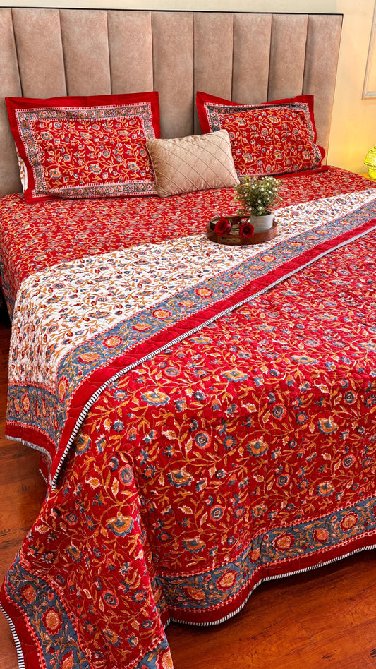 Lal Phulwari Block Print Bedsheet and Bedcover Combo - 6 Piece Combo