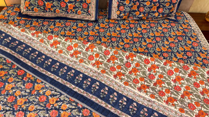 Orange Marie Gold Block Printed Bedsheet with Two Reversible Pillow Covers