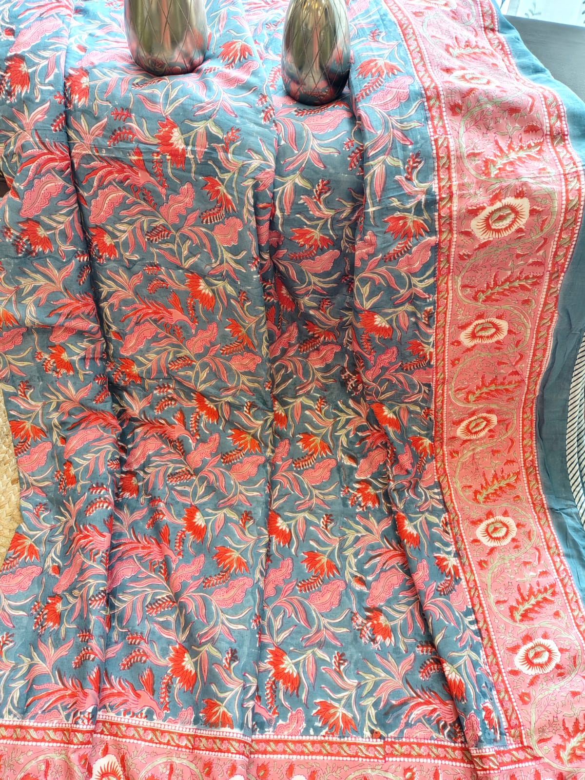 Orange Peacock Hand Block Reversible Dohar