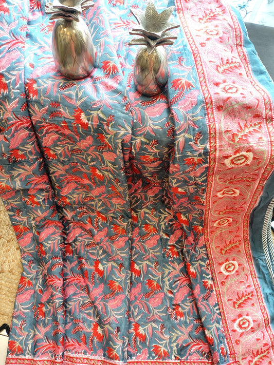 Orange Peacock Hand Block Reversible Dohar