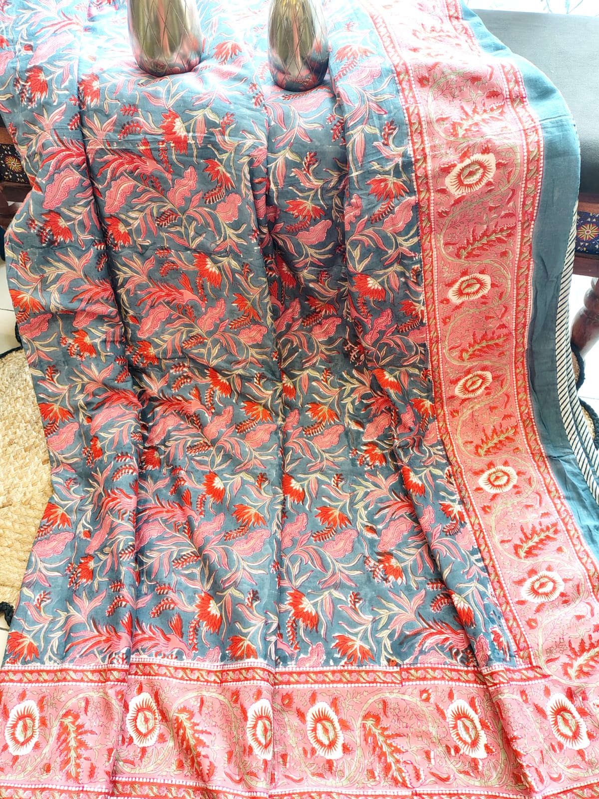 Orange Peacock Hand Block Reversible Dohar
