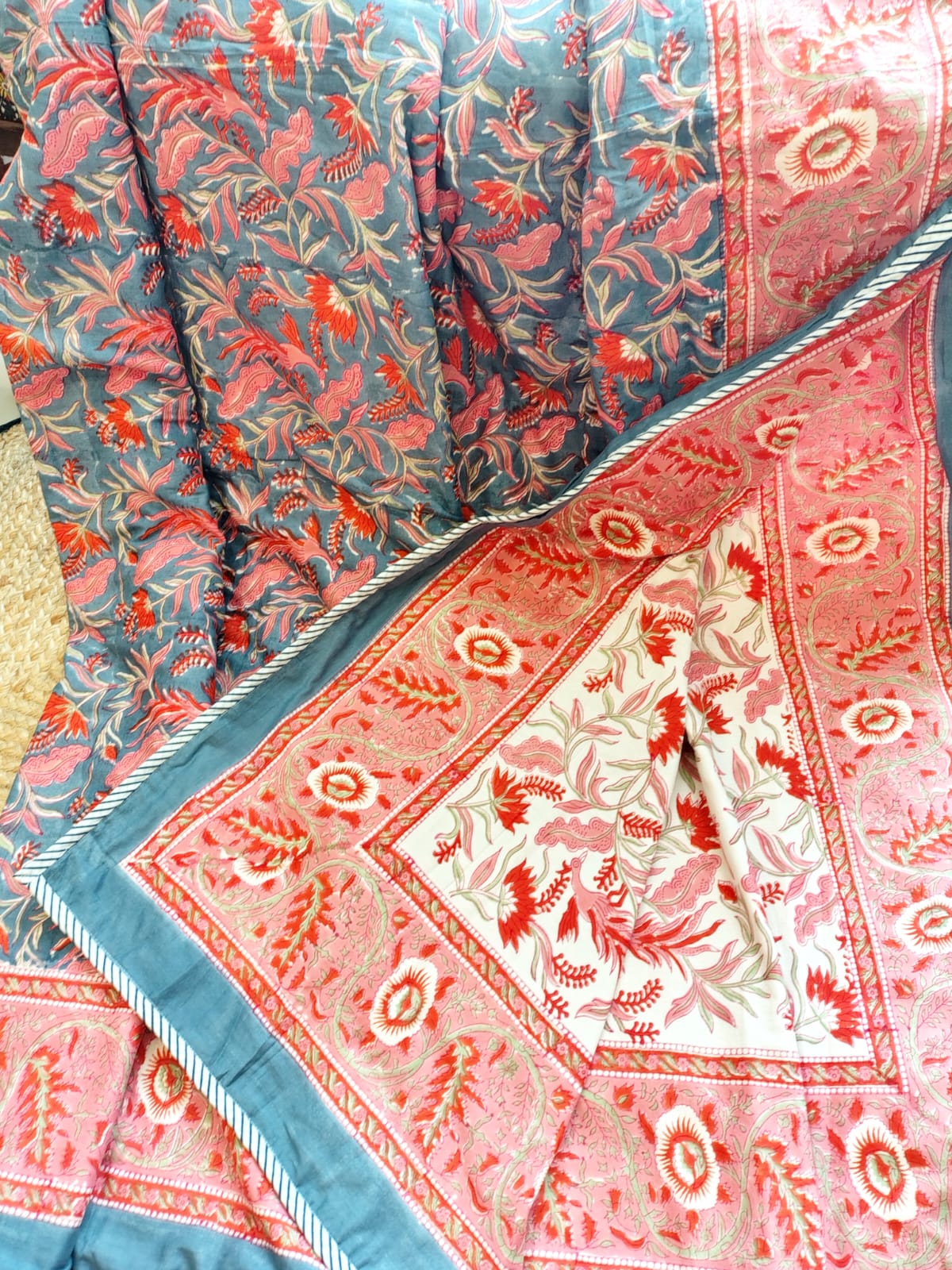 Orange Peacock Hand Block Reversible Dohar