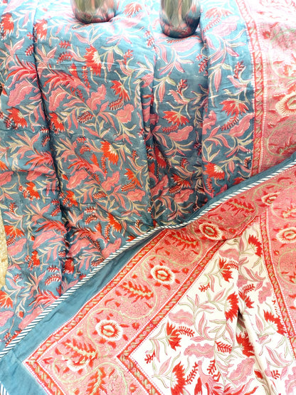 Orange Peacock Hand Block Reversible Dohar