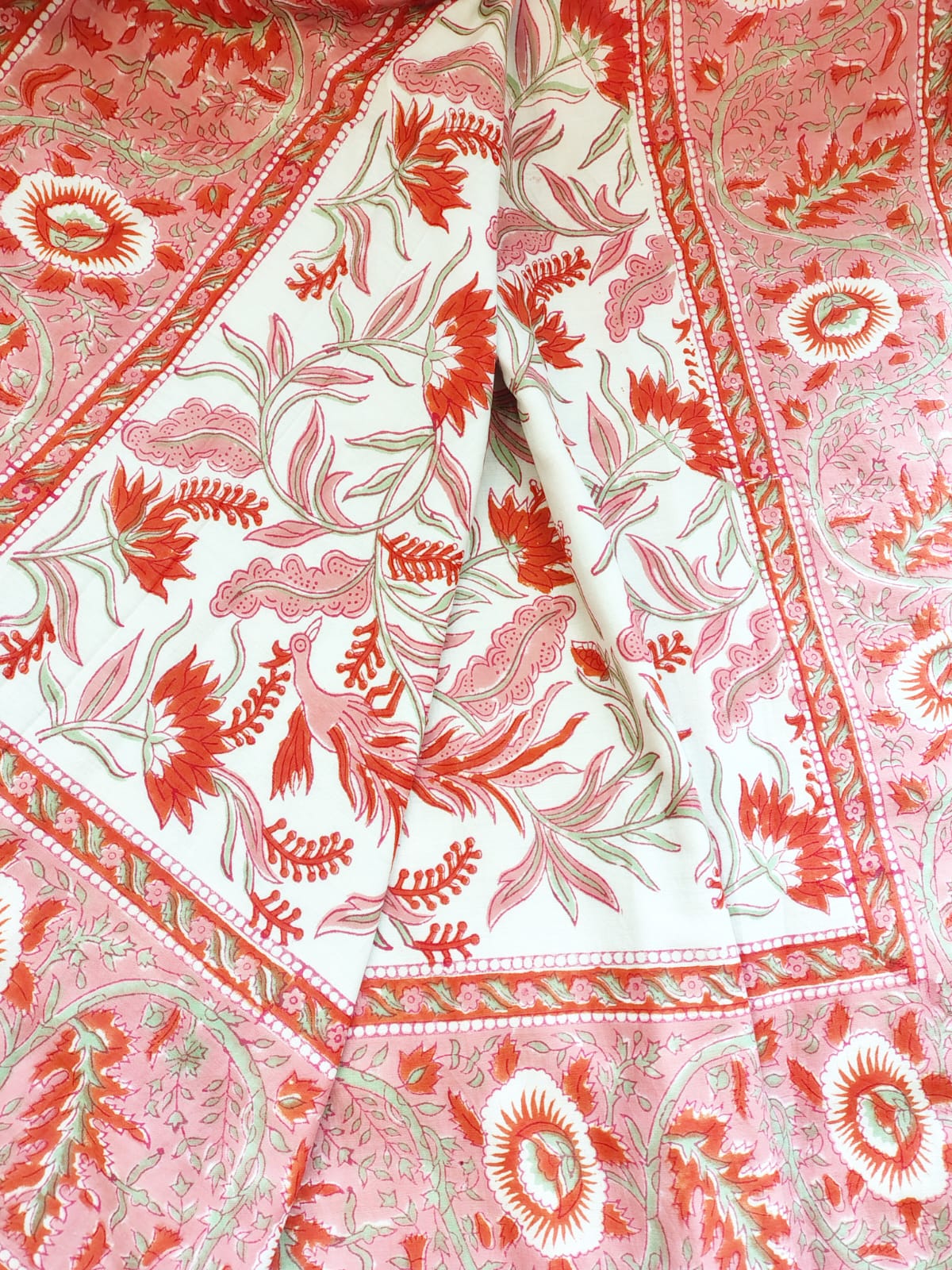 Orange Peacock Hand Block Reversible Dohar