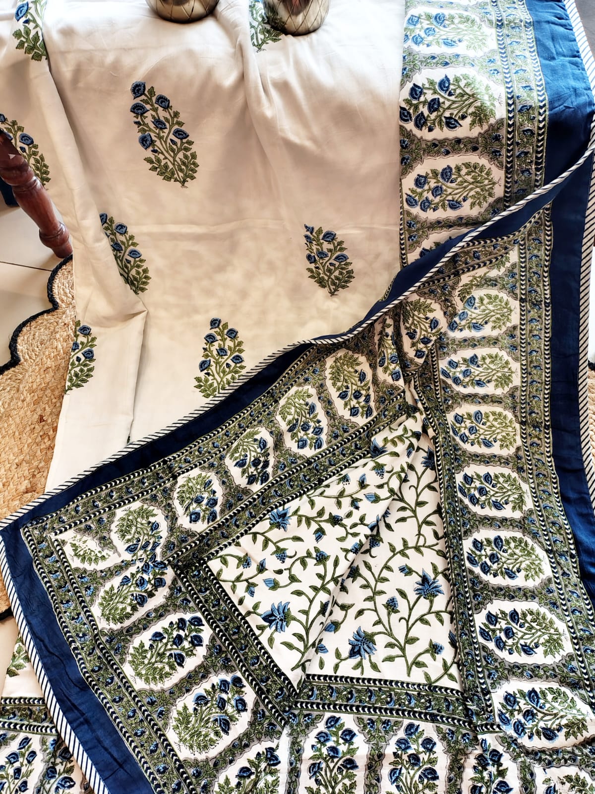 Blue Floral Bunch Hand Block Reversible Dohar