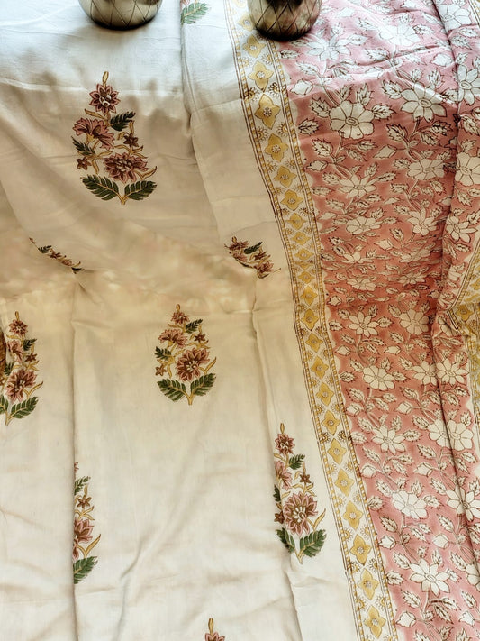 White Kamal Hand Block Reversible Dohar