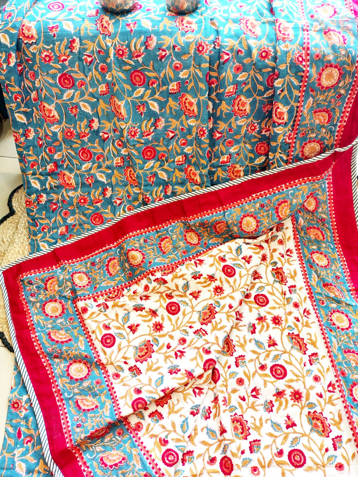 Begum Blue Floral Hand Block Reversible Dohar