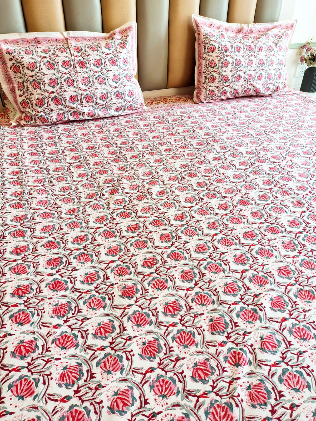 Red Lily Hand Block Bedsheet with Two Reversible Pillow Covers