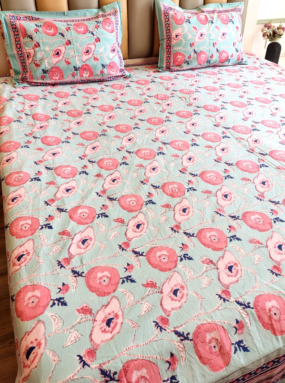 Lotus Leaf Hand Block Bedsheet with Two Reversible Pillow Covers