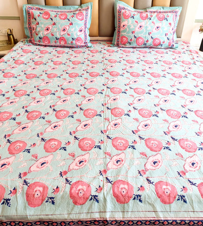 Lotus Leaf Hand Block Bedsheet with Two Reversible Pillow Covers