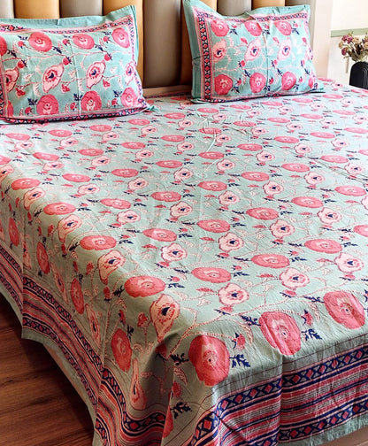 Lotus Leaf Hand Block Bedsheet with Two Reversible Pillow Covers