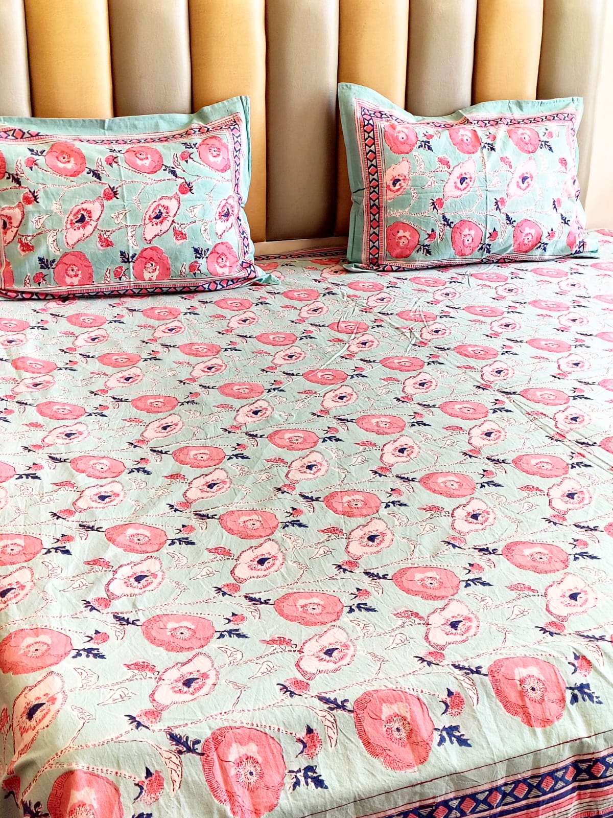 Lotus Leaf Hand Block Bedsheet with Two Reversible Pillow Covers