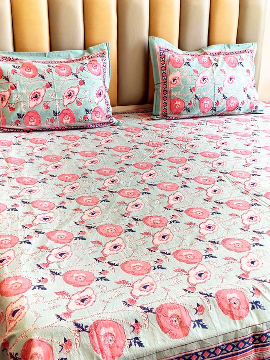 Lotus Leaf Hand Block Bedsheet with Two Reversible Pillow Covers