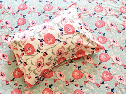 Lotus Leaf Hand Block Bedsheet with Two Reversible Pillow Covers