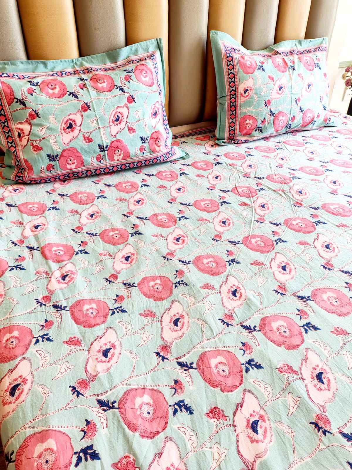 Lotus Leaf Hand Block Bedsheet with Two Reversible Pillow Covers