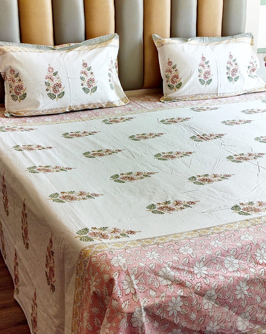 White Kamal Block Printed Bedsheet Set with Two Reversible Pillow Covers