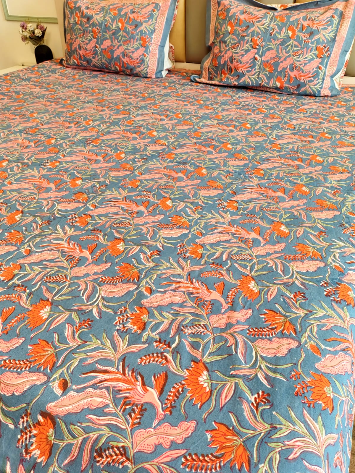 Orange Peacock Block Printed Bedsheet with Two Reversible Pillow Covers