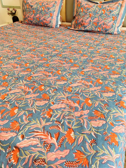 Orange Peacock Block Printed Bedsheet with Two Reversible Pillow Covers