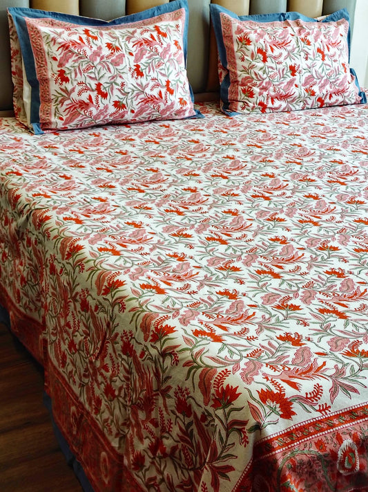 White Peacock Block Printed Bedsheet with Two Reversible Pillow Covers