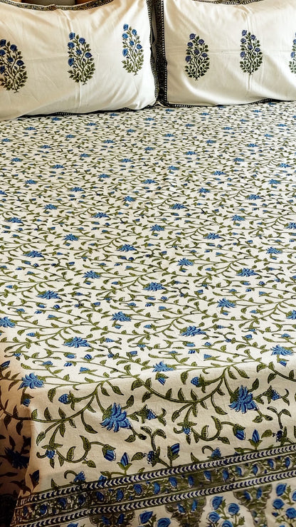 Blue Floral Jaal Block Printed Bedsheet with Two Reversible Pillow Covers