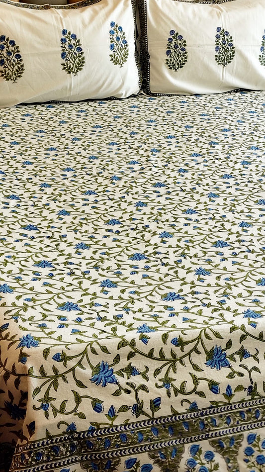 Blue Floral Jaal Block Printed Bedsheet with Two Reversible Pillow Covers