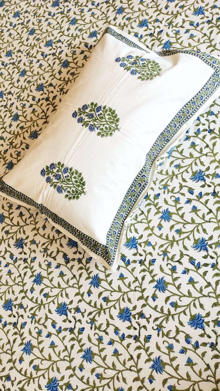 Blue Floral Jaal Block Printed Bedsheet with Two Reversible Pillow Covers